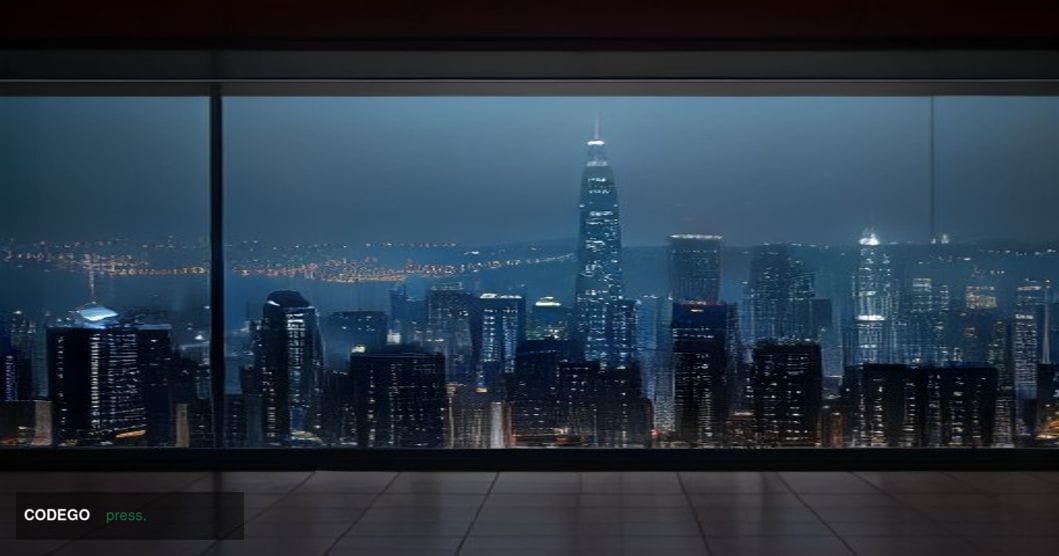 A cinematic editorial photograph set in Hong Kong's financial district, with the skyline of Central visible behind a large, g