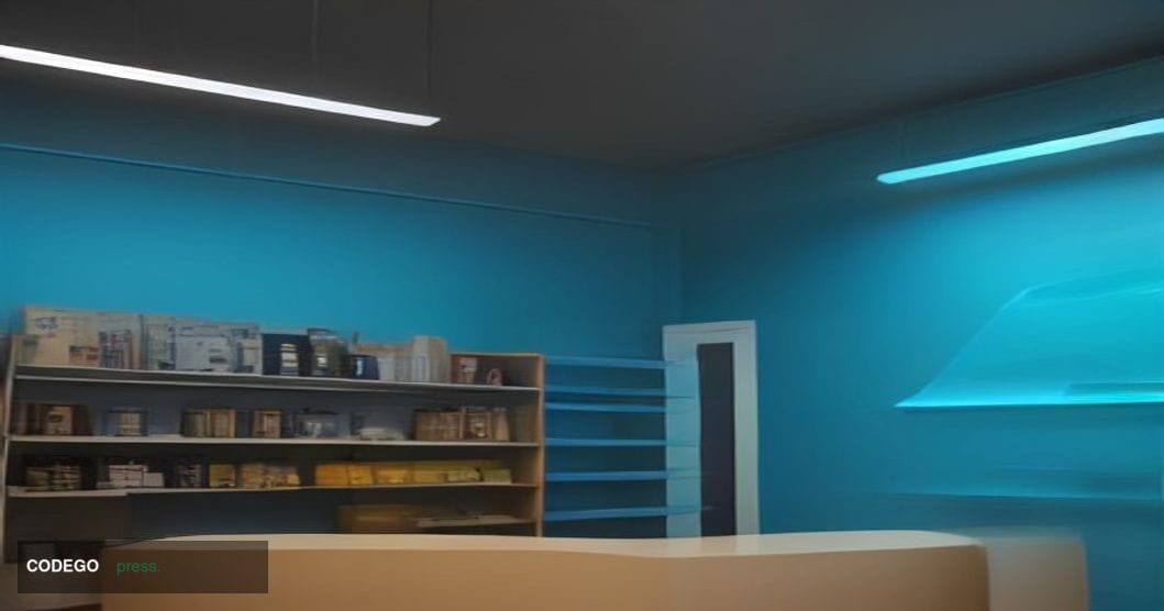A cinematic editorial photograph shot at a mid-shot angle inside a modern American retail store, dramatically lit with cool b