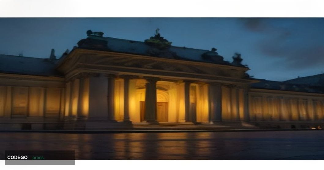 A dramatic low-angle exterior shot of the Polish Sejm building in Warsaw at dusk, its neoclassical stone facade bathed in coo