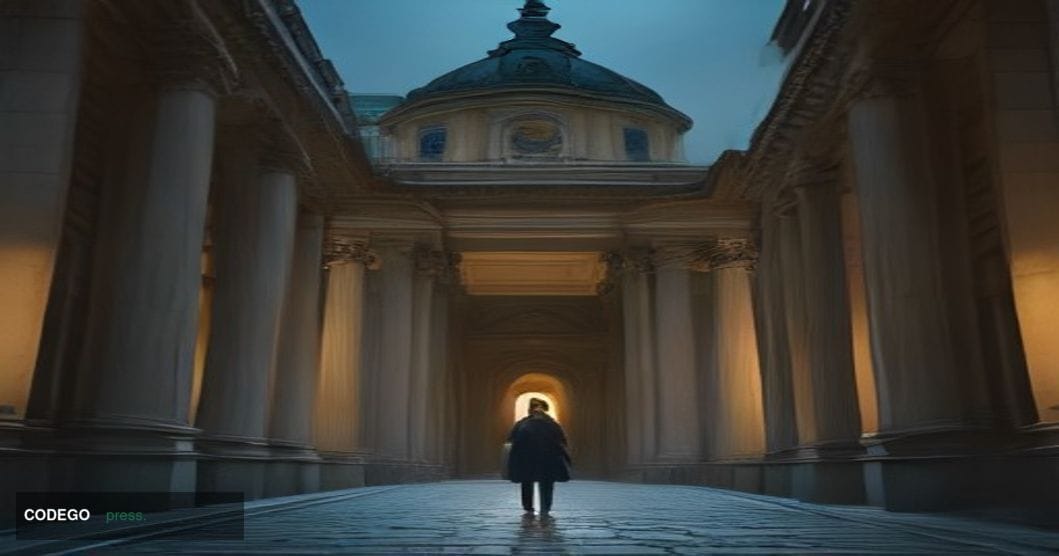 A cinematic editorial photograph taken at ground level looking up at a grand neoclassical government building in Warsaw, Pola