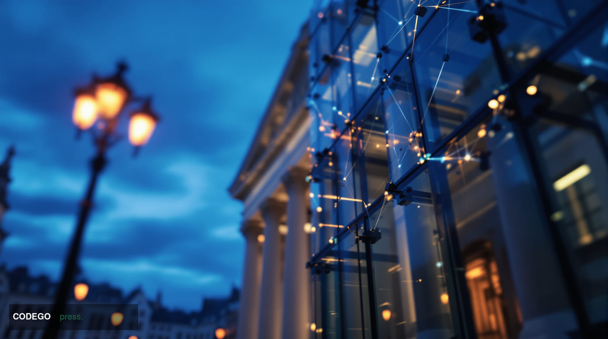 A cinematic editorial photograph set outside the Bank of England's iconic neoclassical Portland stone headquarters on Threadn