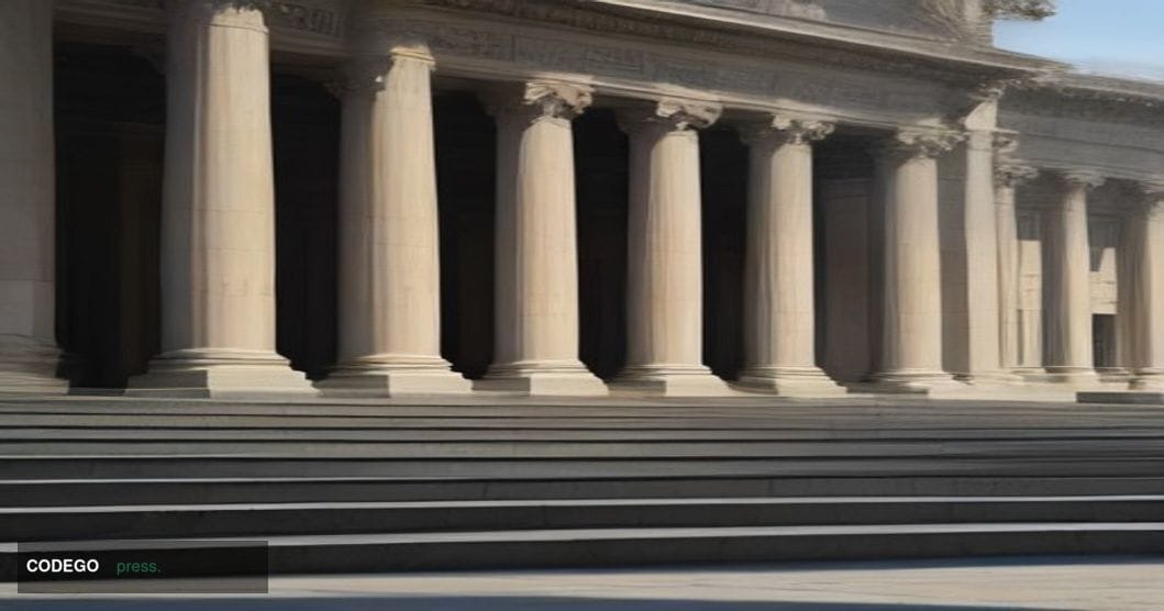 A cinematic editorial photograph of a grand neoclassical government building — think broad stone steps, tall columns, and a w