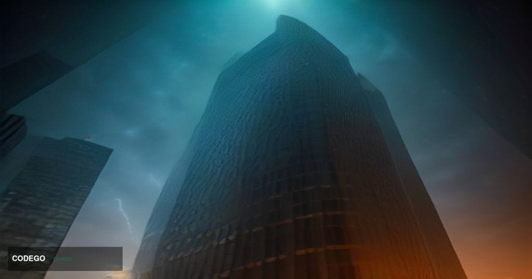 A dramatic cinematic editorial photograph taken at low angle looking up at the imposing modernist facade of the Bank for Inte