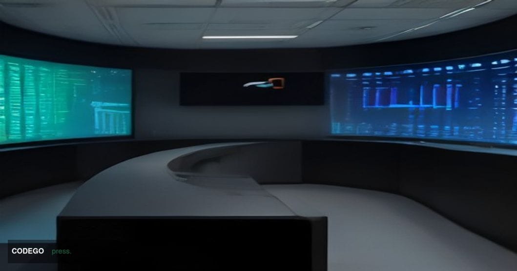 A cinematic editorial photograph set inside a sleek, modern corporate treasury operations center, with large curved monitors 