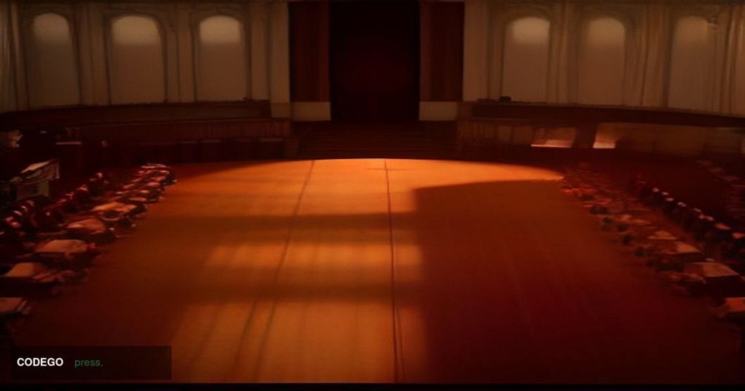 A cinematic editorial photograph capturing the interior of a grand Sydney event hall bathed in warm amber spotlight from abov