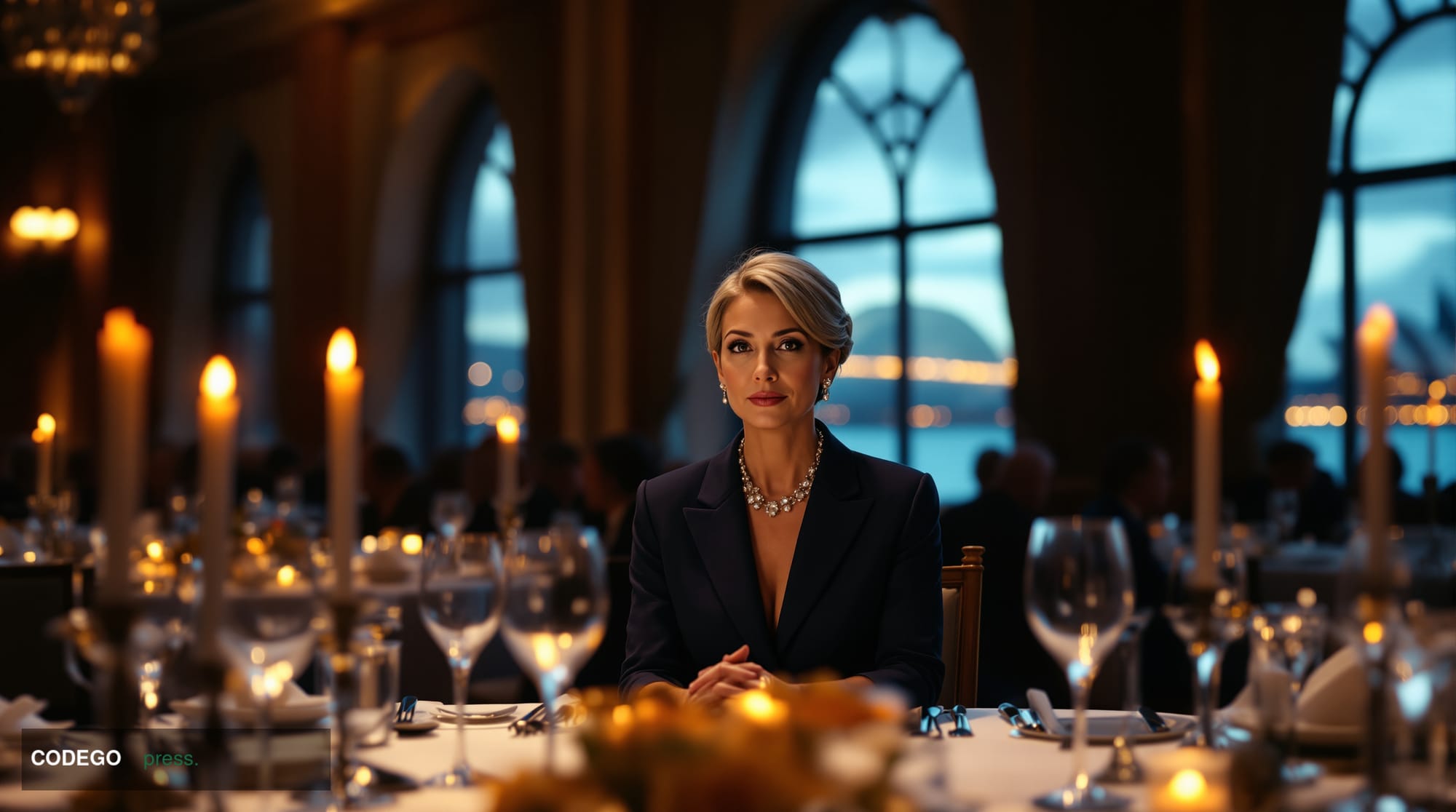 A photorealistic editorial photograph of a distinguished female central banker figure seated at a formal podium in a grand Sy