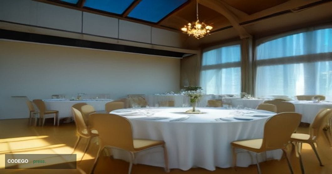 A cinematic editorial photograph set inside a grand Sydney harbourside event venue during a formal fundraising luncheon, lit 