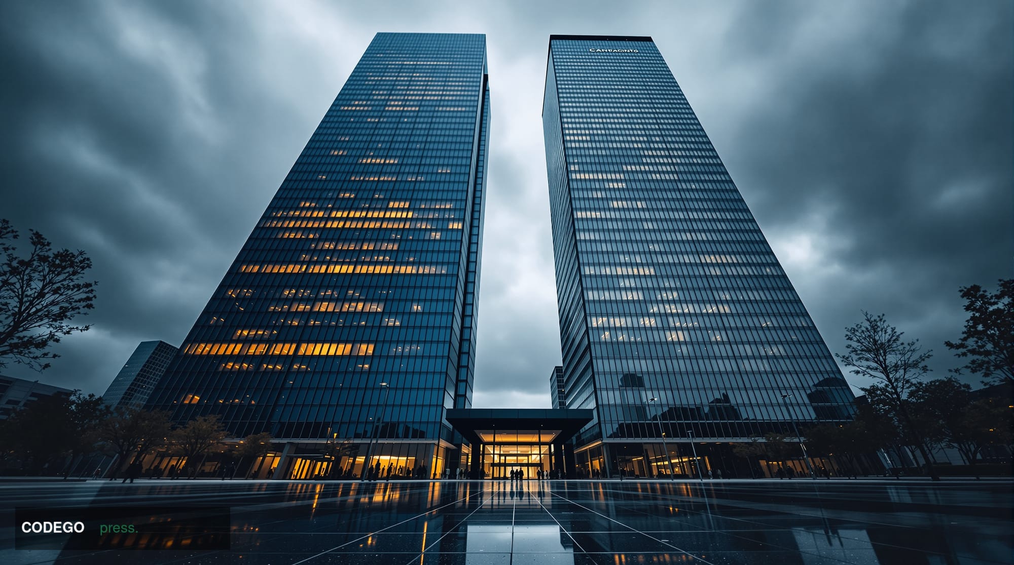 A cinematic editorial photograph shot from street level looking upward at two imposing Canadian bank headquarters — one clad 