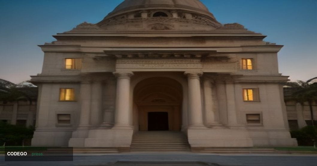 A sweeping cinematic exterior shot of the Reserve Bank of India's iconic Mumbai headquarters at golden hour, the grand coloni
