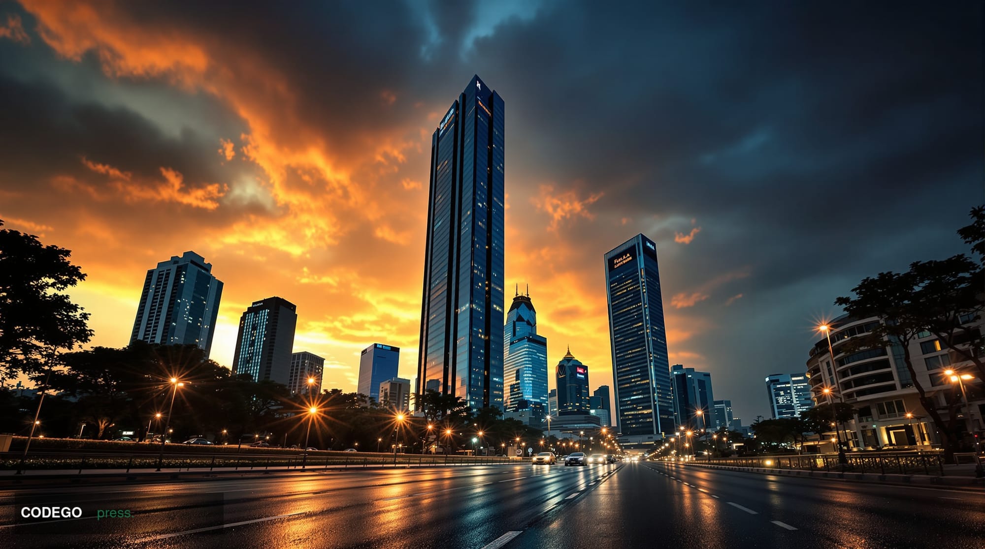 A sweeping cinematic wide-angle shot of Mumbai's Bandra-Kurla Complex financial district skyline at dusk, photographed from a