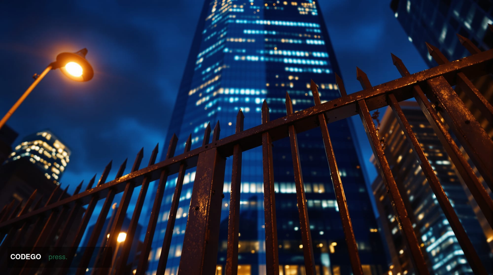 A dramatic cinematic editorial photograph of a sleek modern financial district glass tower at dusk, viewed from a low angle l