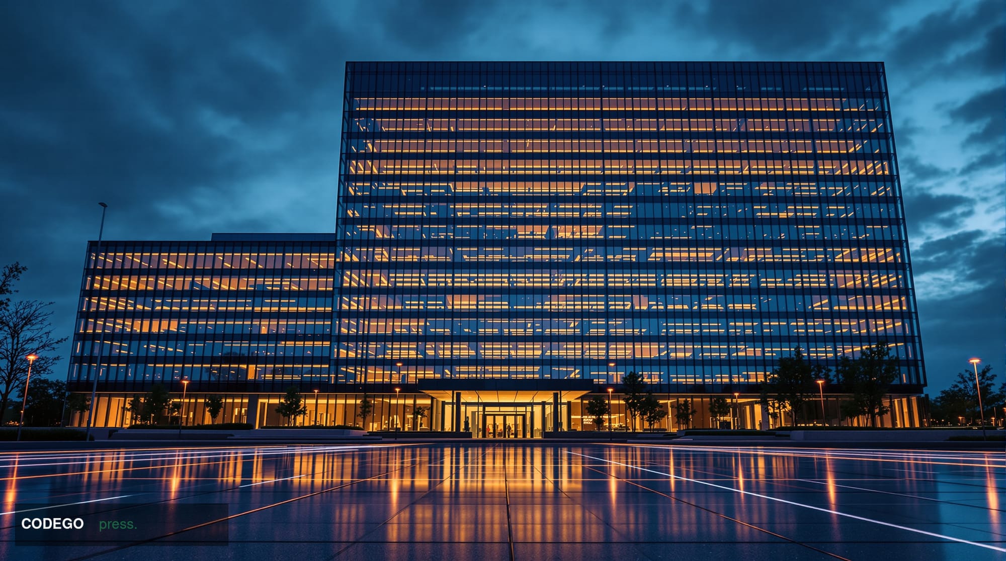 A cinematic editorial photograph of a grand, modern American regional bank headquarters building — a towering glass-and-steel