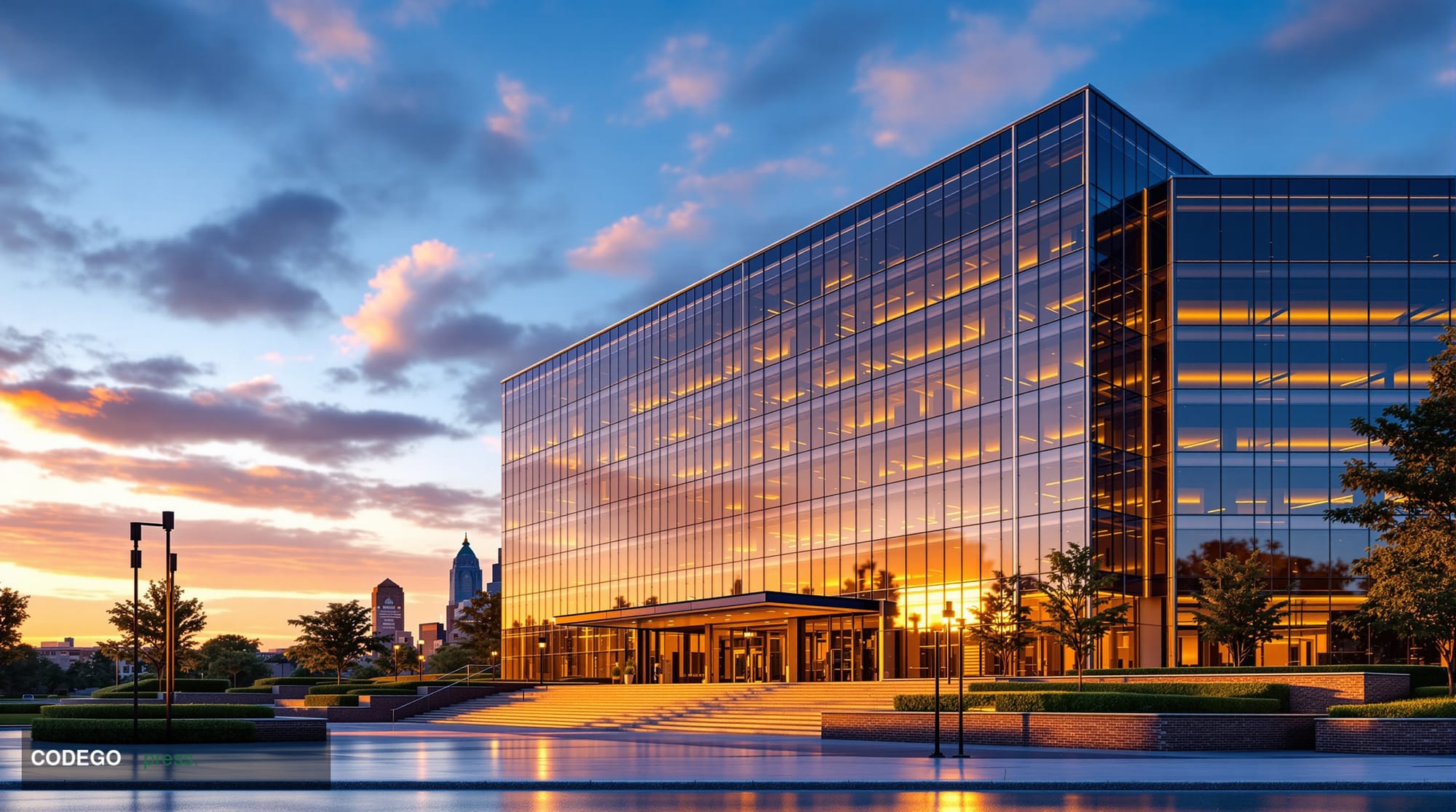 A cinematic editorial photograph of a grand, modern Southern-American banking headquarters exterior at golden hour, the build