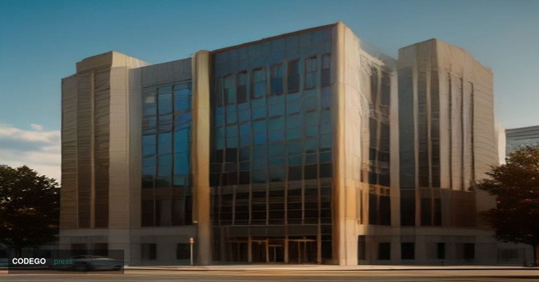 A cinematic editorial photograph set in the heart of Mississippi's banking district, featuring a stately mid-century brick an