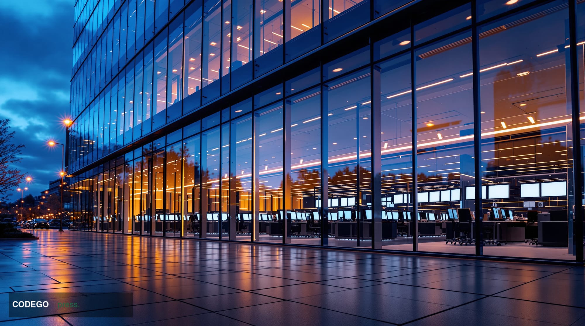 A cinematic editorial photograph depicting a sleek, modern financial technology operations center seen through floor-to-ceili
