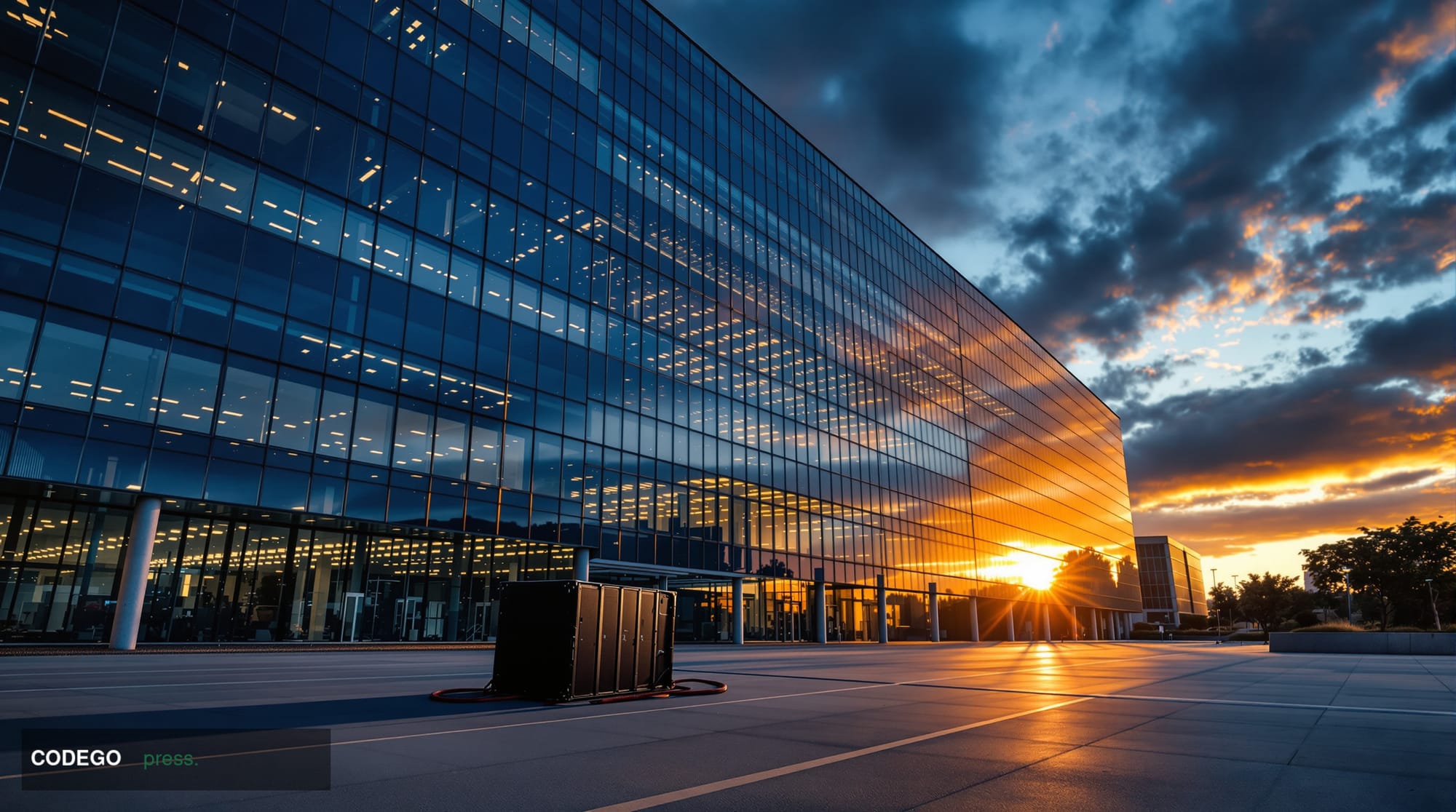 A dramatic cinematic editorial photograph of a monumental glass and steel corporate technology campus at dusk, modeled on a N