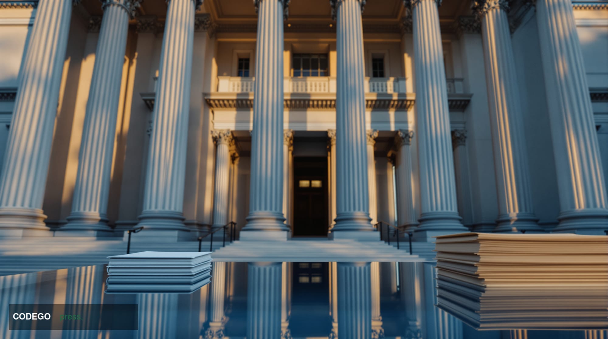 A cinematic editorial photograph shot from a low angle looking up at a monumental neoclassical bank building facade in Washin