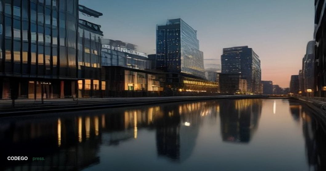 A photorealistic cinematic editorial photograph set in a modern European financial district at dusk — specifically evoking th