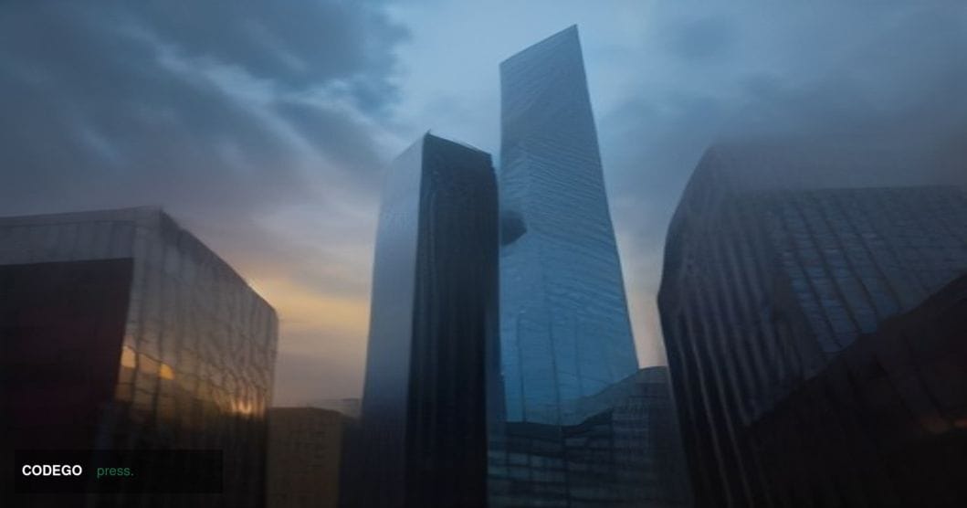 A cinematic editorial photograph set in a contemporary European financial district at dusk, shot from a low angle looking upw
