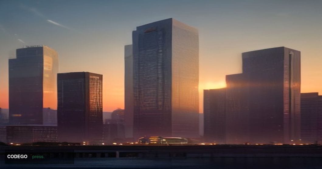 A dramatic cinematic editorial photograph set in a modern European financial district at dusk, with the warm amber glow of se