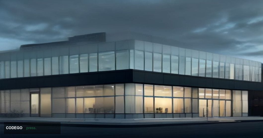 A photorealistic cinematic editorial photograph of a modern glass-and-steel Nordic bank branch exterior set against a dramati