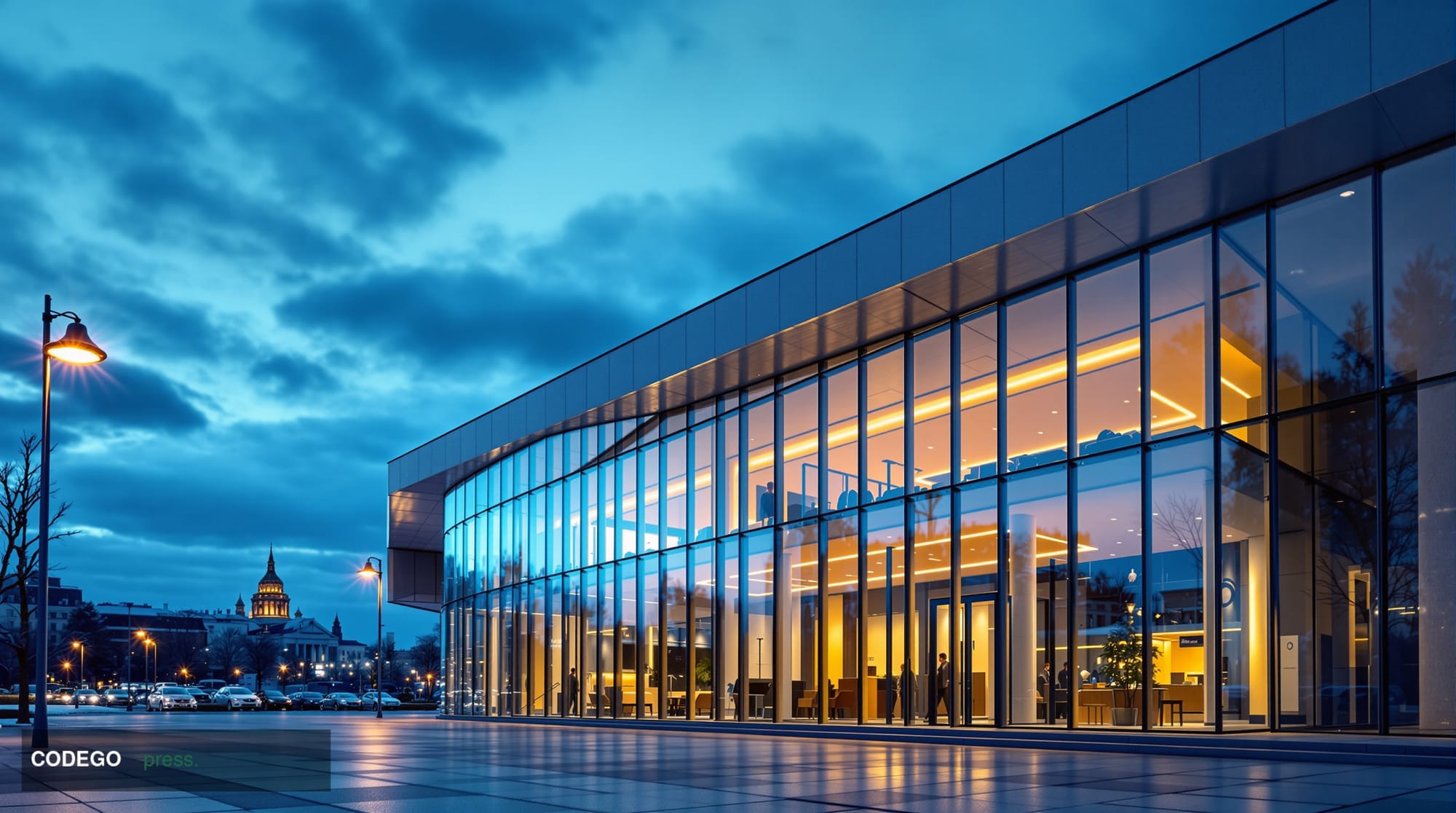 A photorealistic cinematic editorial photograph of a sleek, modern Nordic-style glass-and-steel bank branch exterior set agai
