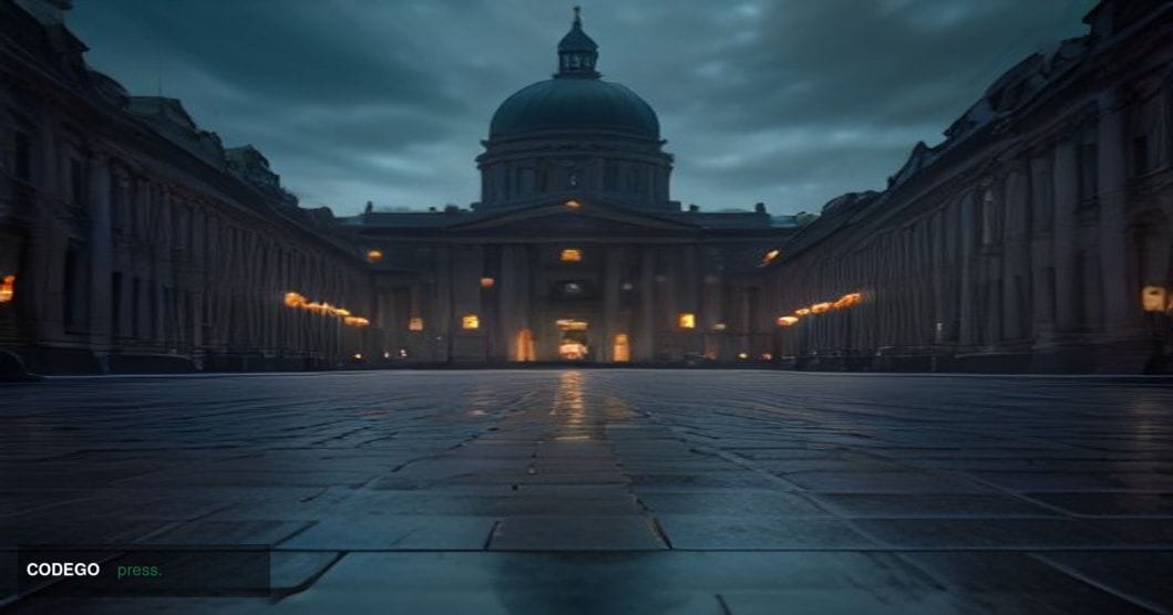 A dramatic cinematic editorial photograph of Helsinki's iconic neoclassical Senate Square at twilight, shot from a low angle 