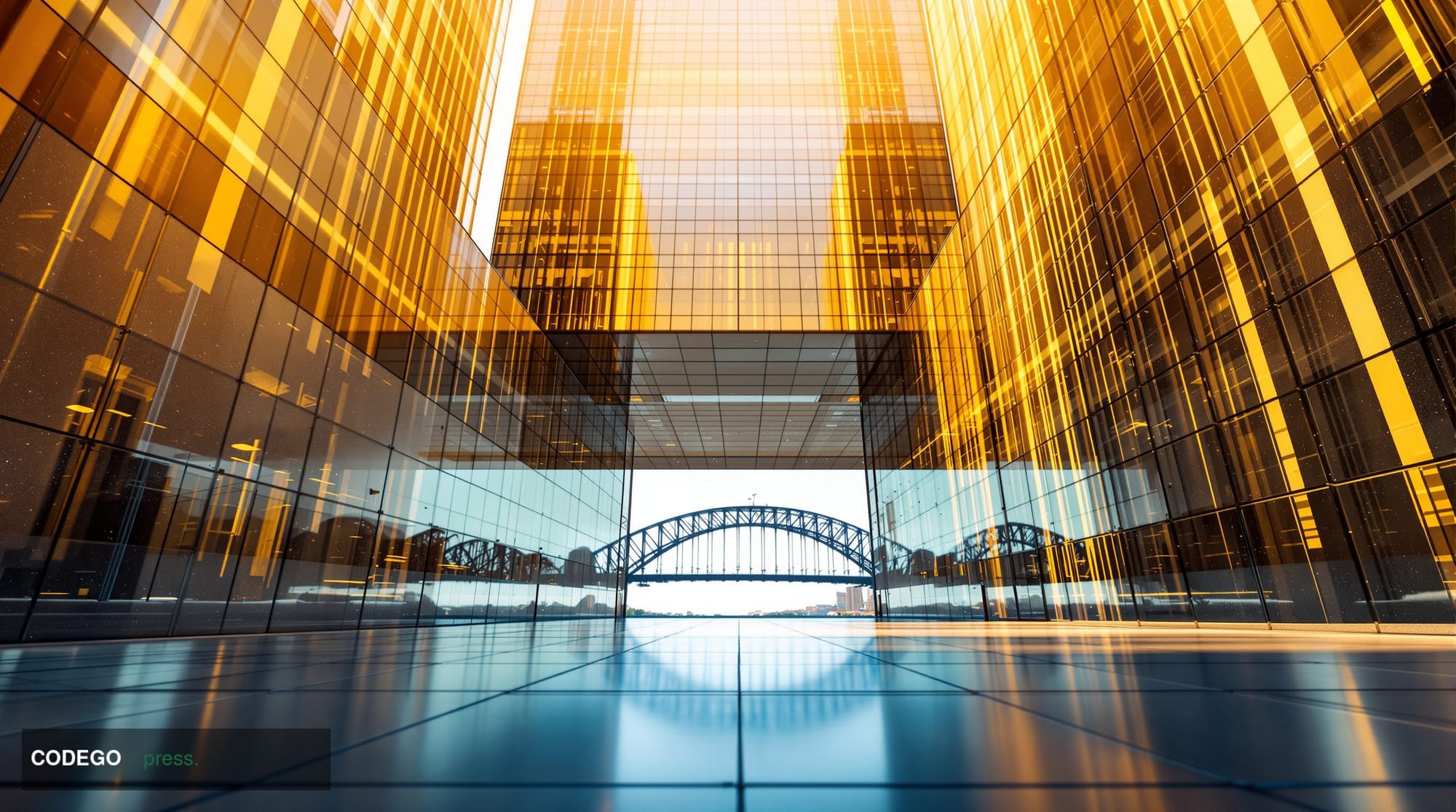 A cinematic editorial photograph shot at ground level looking upward at a gleaming modern glass-and-steel financial district 
