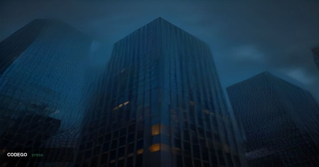 A cinematic editorial photograph of Dublin's financial district at twilight, shot from a low angle looking up at gleaming gla