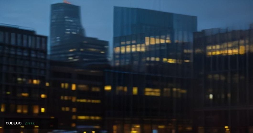 A cinematic editorial photograph set in a sleek, modern European financial district at dusk, with glass-and-steel tower facad