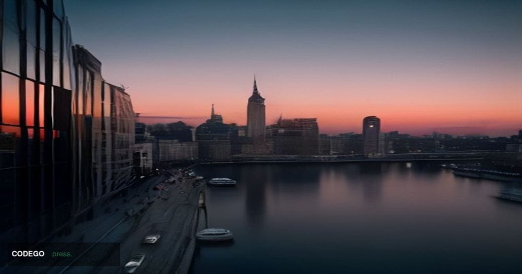 A cinematic editorial photograph set in a sleek, modern European financial district at dusk, depicting three symbolic archite
