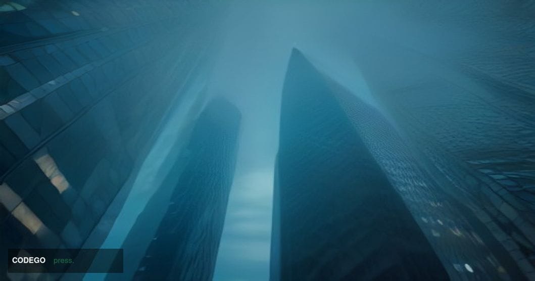 A cinematic editorial photograph set in a modern European financial district, photographed from a low angle looking upward al