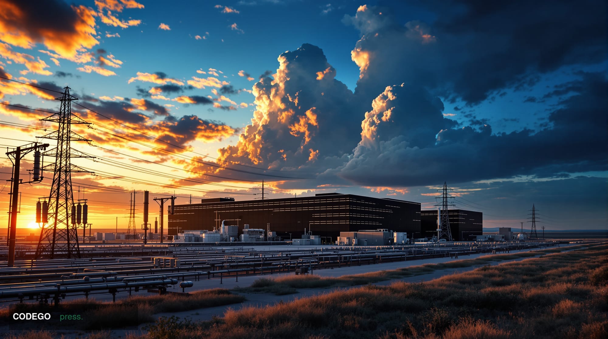 A cinematic editorial photograph of a vast industrial data center campus set against the flat Texas plains at golden hour, wi