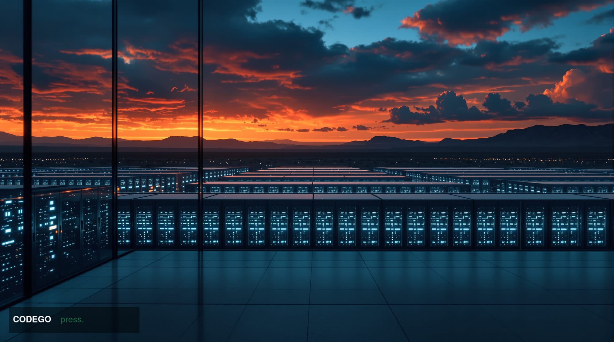 A dramatic cinematic editorial photograph of a massive industrial data center facility in the Nevada or Texas desert at dusk,