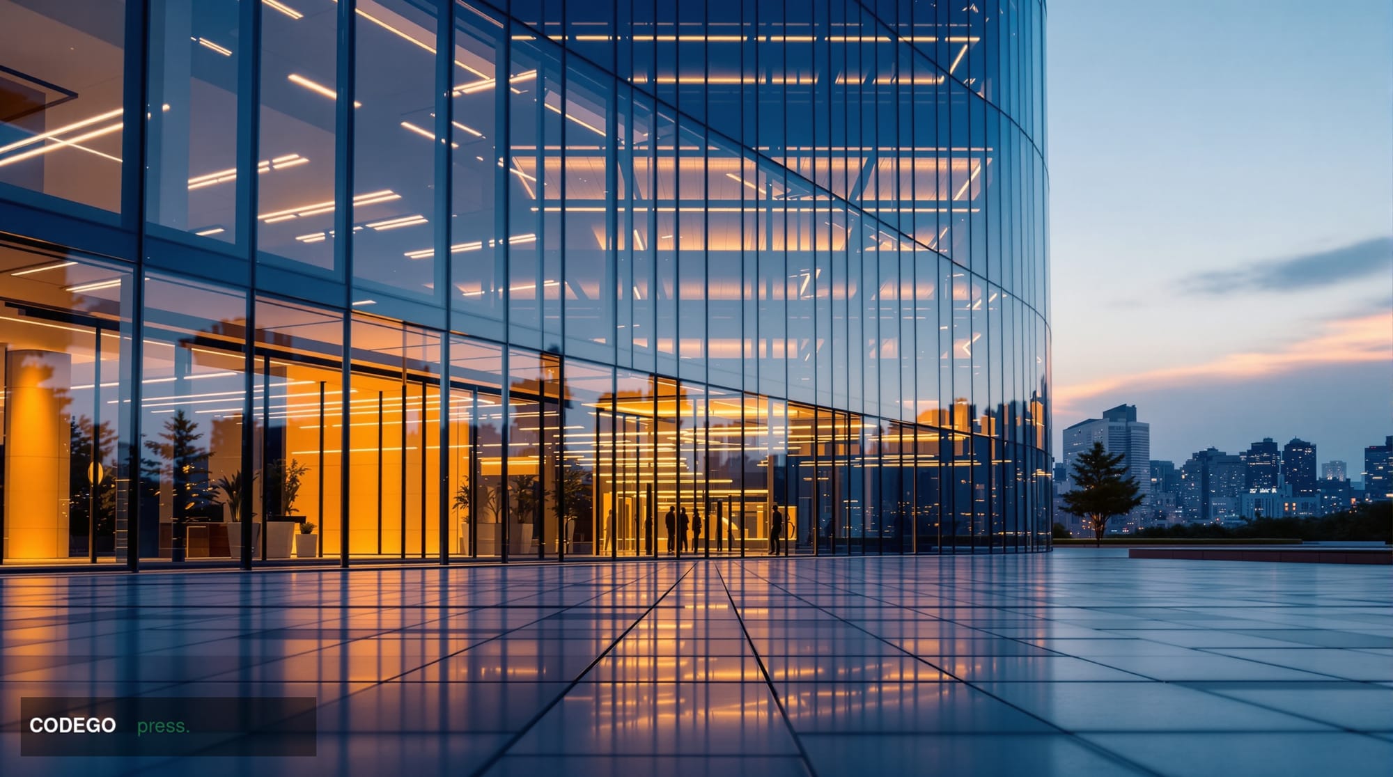 A cinematic editorial photograph depicting a modern South Korean regional bank branch exterior at dusk, framed by sleek glass
