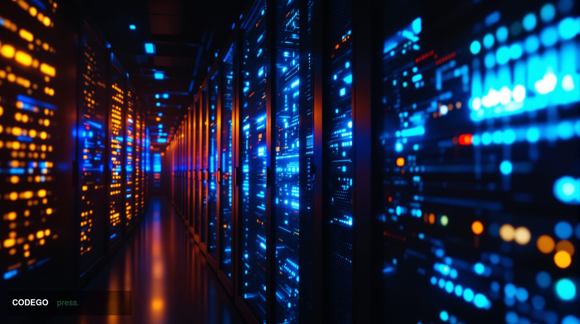 A dramatic cinematic editorial photograph of a dense server room environment representing a distributed blockchain node netwo