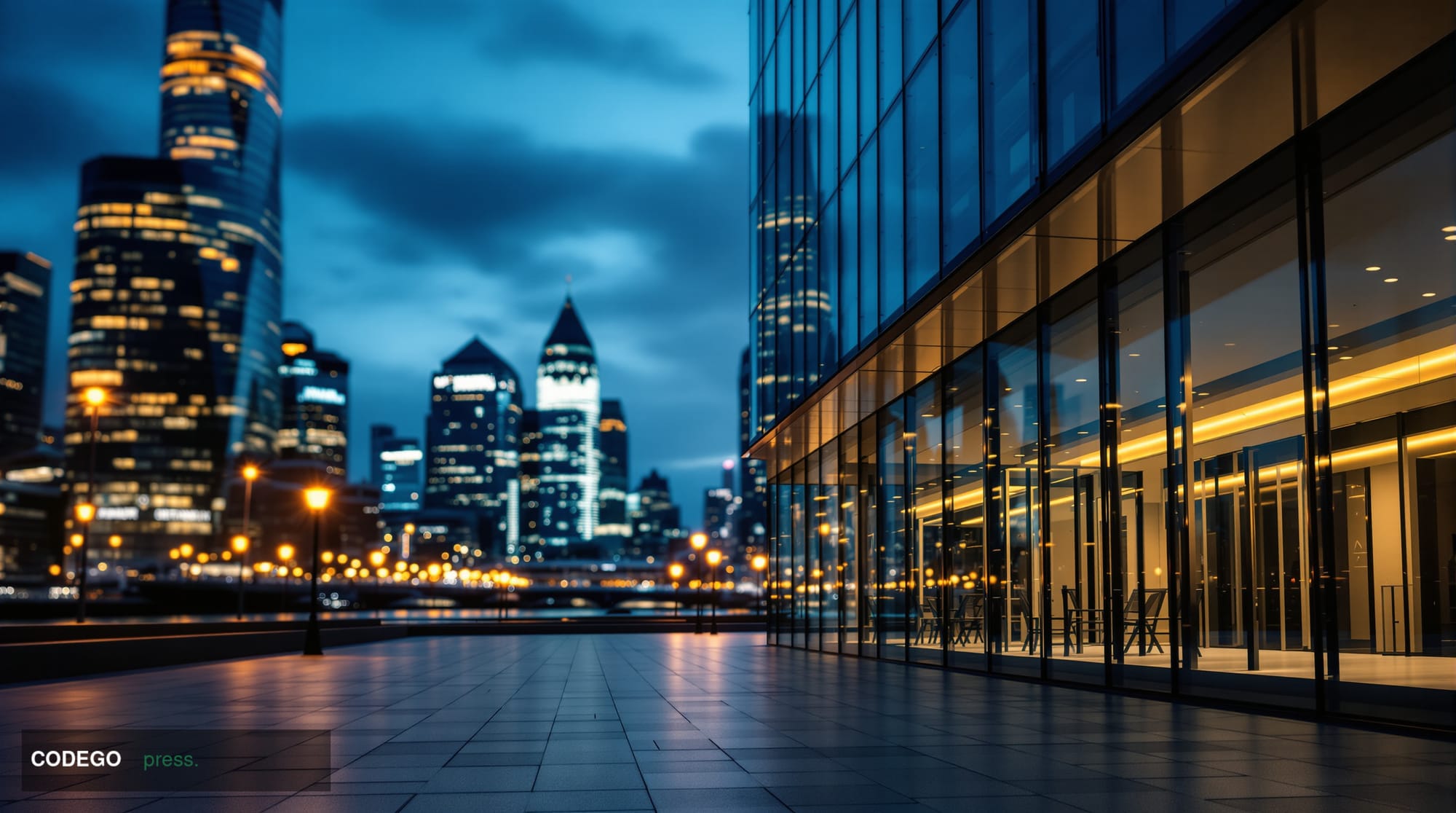 A photorealistic cinematic editorial photograph of a sleek modern glass-and-steel financial district building exterior in Lon