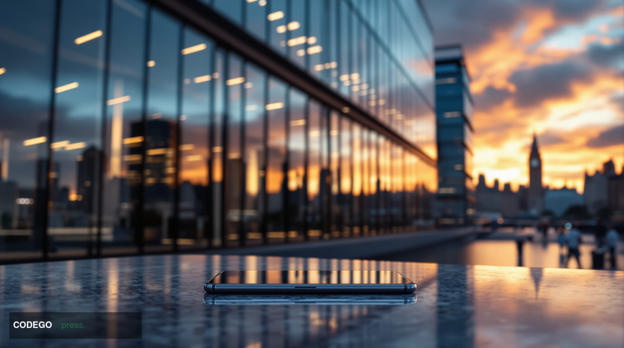 A cinematic editorial photograph taken from a low angle looking up at the glass and steel exterior of a prominent London fina