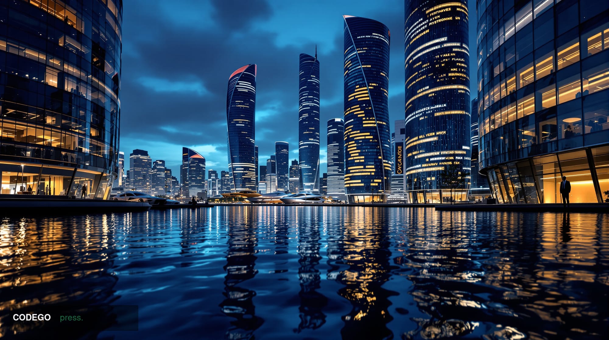 A wide-angle cinematic editorial photograph of the financial district of London at dusk, with the iconic curved glass towers 