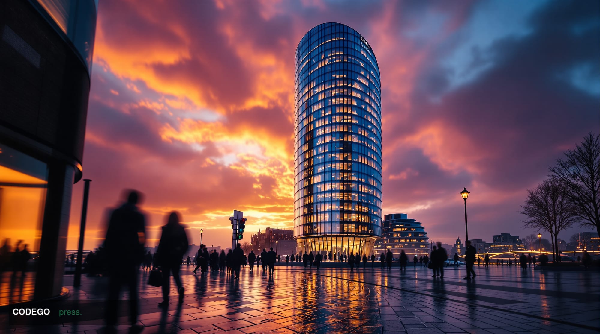 A photorealistic cinematic editorial photograph of a sleek modern financial district office building in London, identifiable 