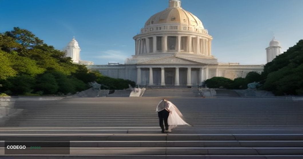 A sweeping wide-angle cinematic shot of the California State Capitol building in Sacramento at golden hour, its neoclassical 