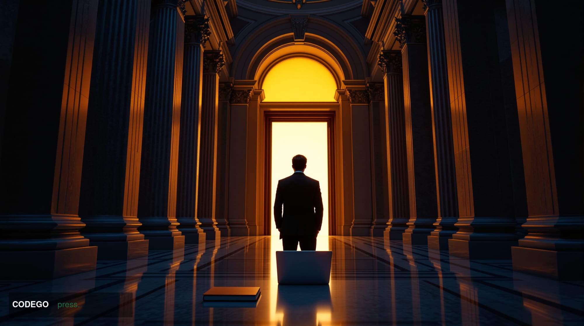 A dramatic cinematic editorial photograph set inside a shadowy federal courthouse corridor in Washington D.C., with ornate ma