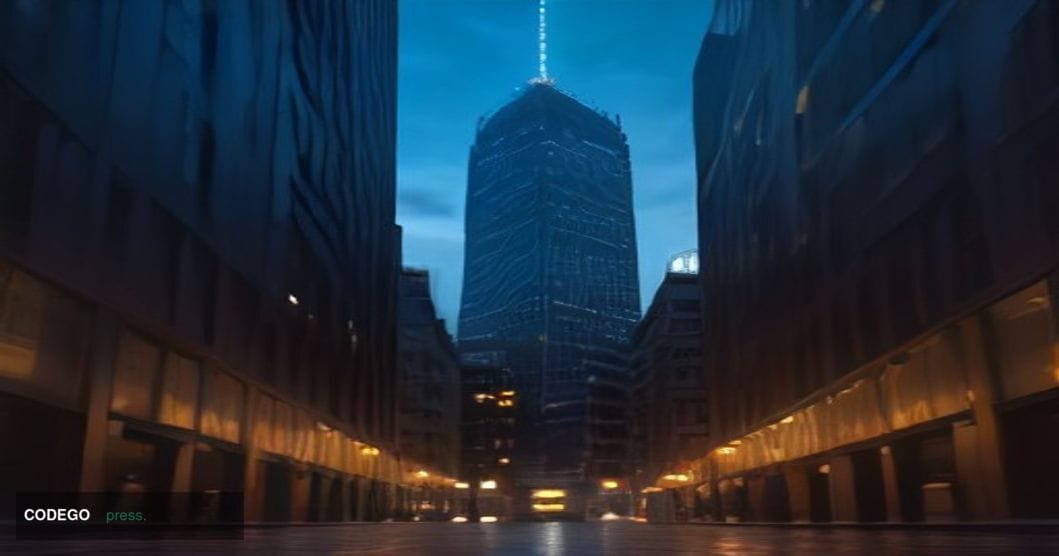 A dramatic cinematic editorial photograph taken at ground level looking upward along a gleaming glass-and-steel financial dis