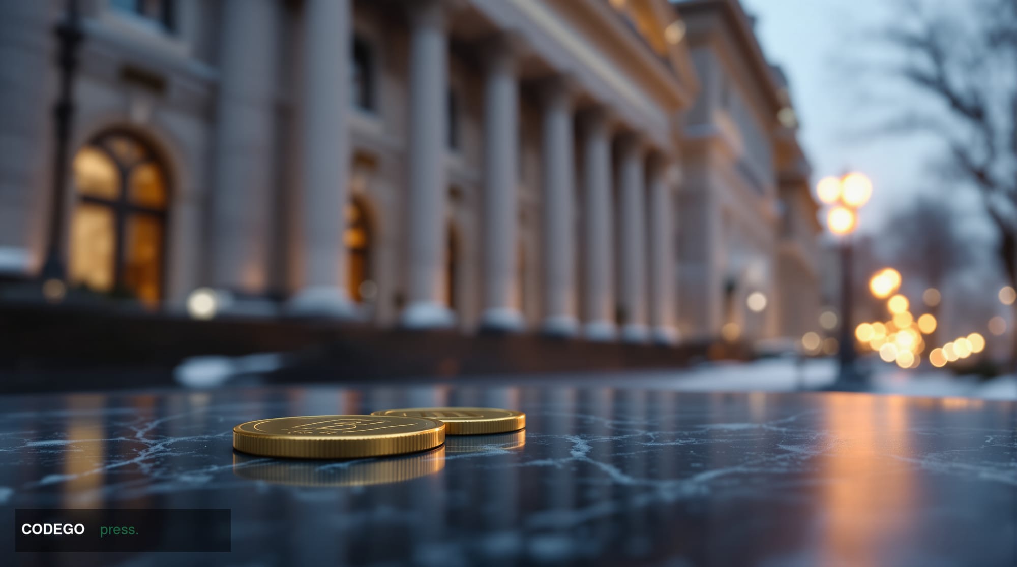 A photorealistic cinematic editorial photograph set in Moscow, with the distinctive neoclassical facade of the Bank of Russia