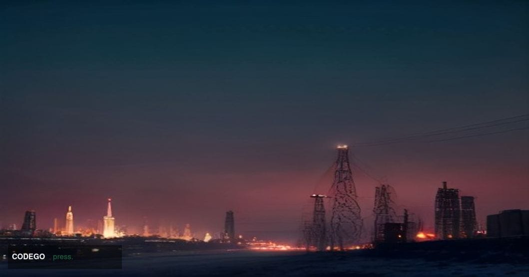 A cinematic editorial photograph set against the recognizable Moscow skyline at dusk, featuring the illuminated Kremlin tower