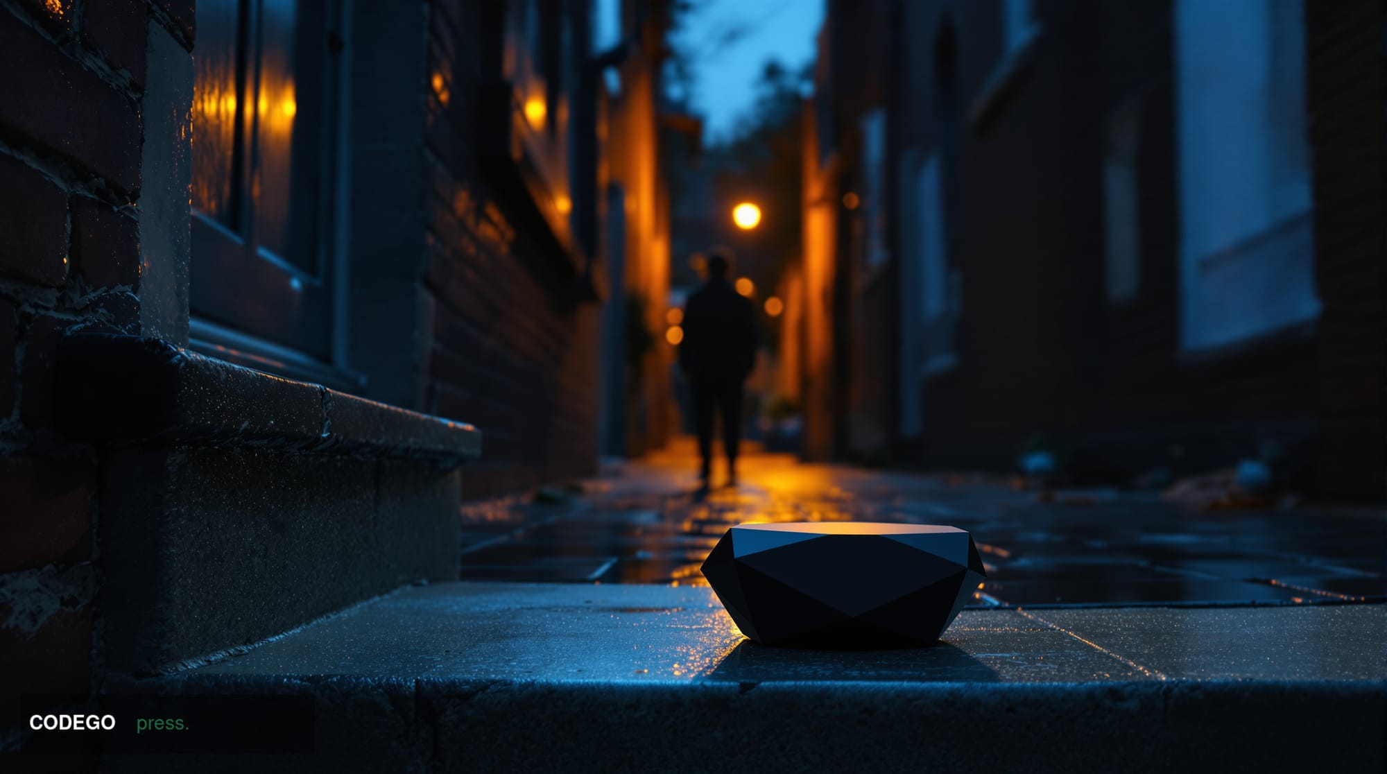 A dramatic cinematic editorial photograph set in a dimly lit residential doorstep at dusk, foreground dominated by a sleek ma