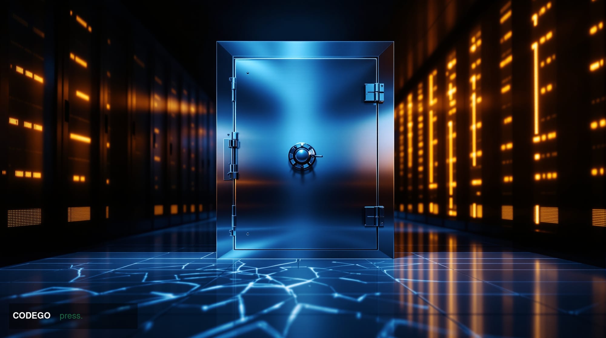 A close-up cinematic editorial photograph of a high-security vault door, partially ajar, set inside a sleek modern data cente