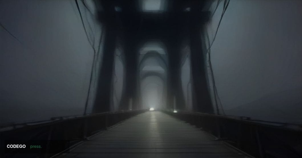 A dramatic close-up of a physical suspension bridge rendered in dark industrial steel, photographed at night from below with 