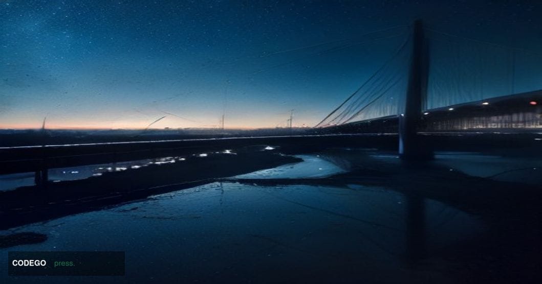 A dramatic cinematic editorial photograph of a broken digital bridge rendered as a physical structure — a sleek glass-and-ste
