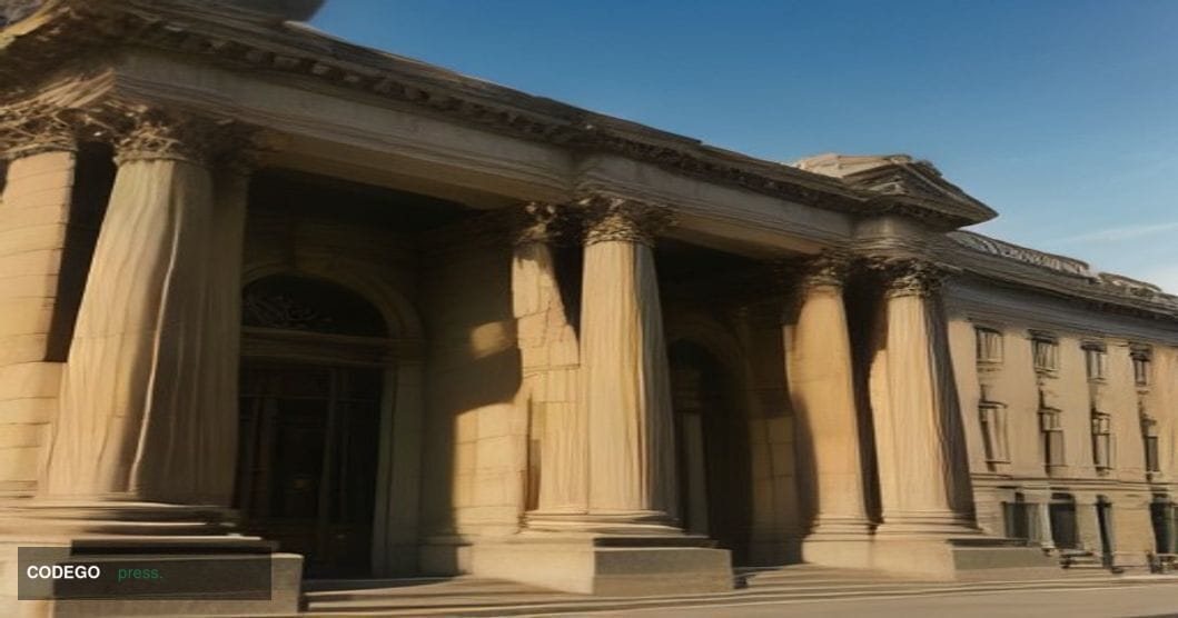 A photorealistic cinematic editorial photograph set outside a grand neoclassical central bank building in Pretoria, South Afr